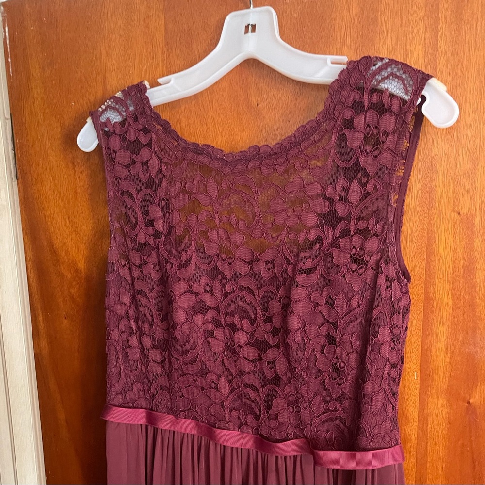 David’s Bridal floor length lace bridesmaids dress in Wine.